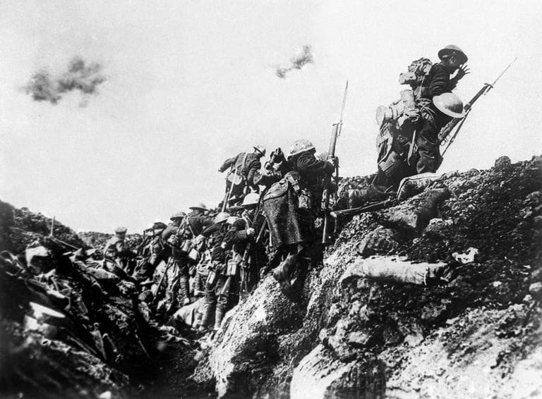 Often described as troops "going over the top" in trench warfare near St. Pol. France, in October 1916, some researchers now believe this World War I photo shows Canadian Army troops during a training exercise well behind the front lines. (AP)