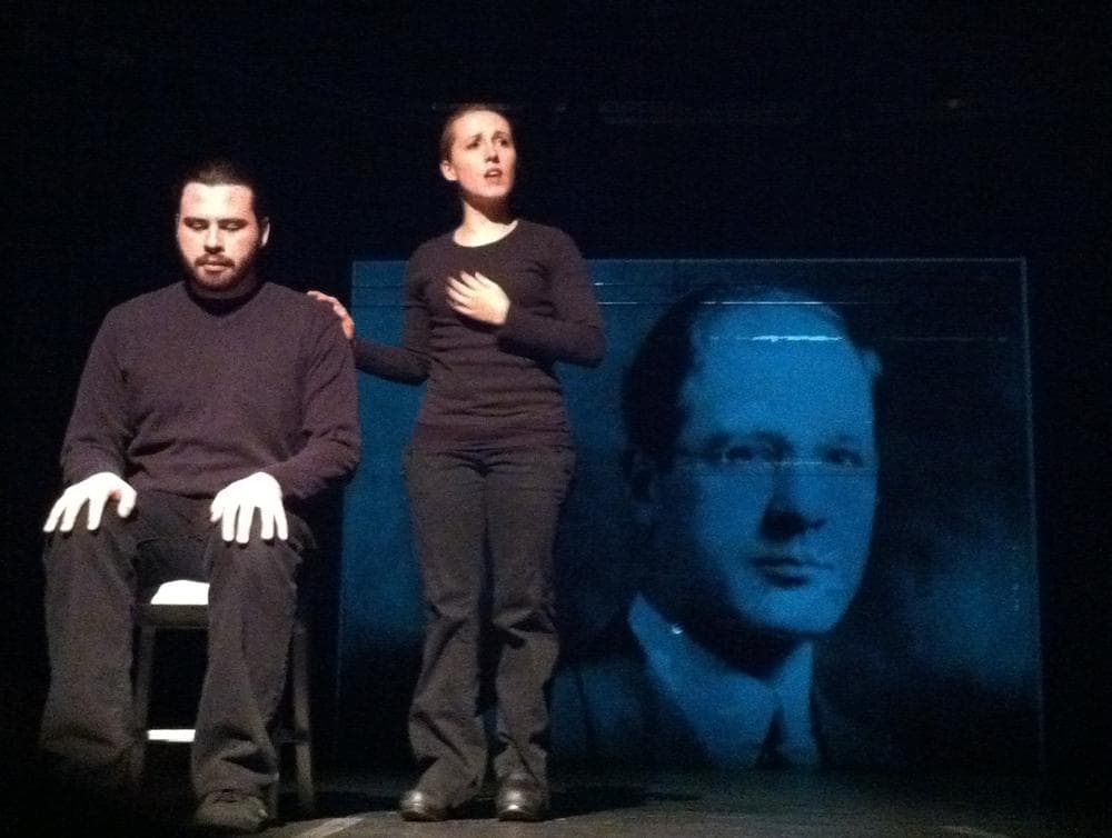 Actors portraying US Olympic Committee President Avery Brundage and his wife on stage at MIT's Kresge Little Theater.