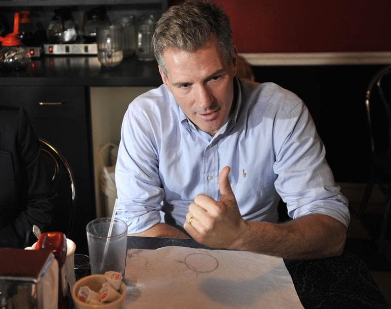 Sen. Scott Brown, R-Mass., speaks with reporters at Mul's Diner in Boston, Wednesday, Dec. 28, 2011. (AP)
