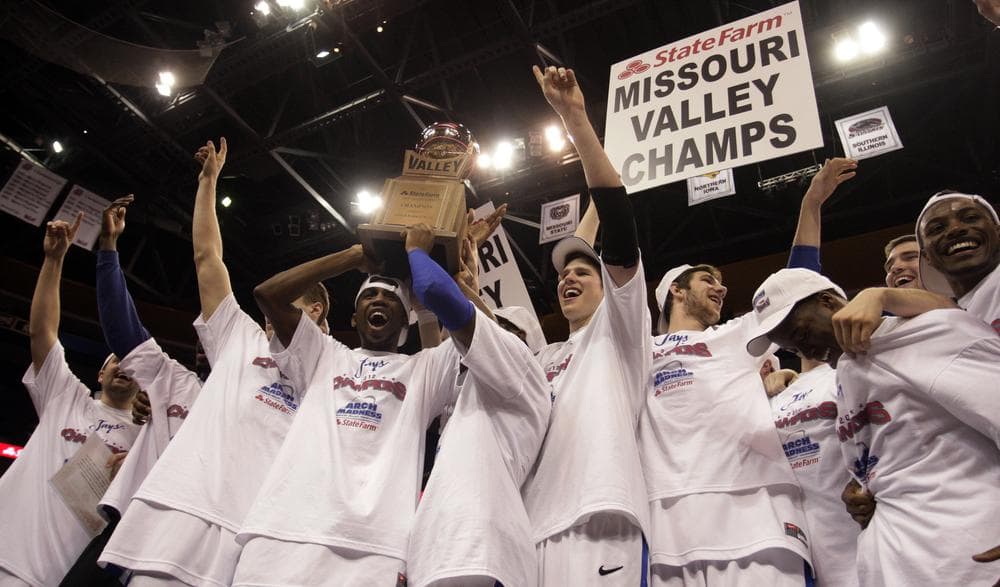 The Creighton Blue Jays celebrate after winning the MVC Conference Tournament, securing them a place in this year's NCAA Tournament. (AP)