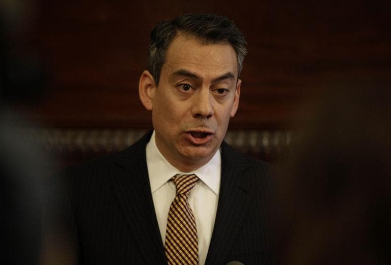 Enrique A. Zuniga, executive director of the Massachusetts Water Pollution Abatement Trust addresses the media after being introduced by Massachusetts Treasurer Steven Grossman as his appointment to the state's gaming commissions Monday, March 12. (AP)