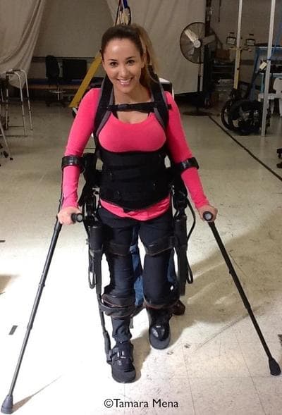 Tamara Mena testing the Esko Bionics Exoskeleton. (Photo Courtesy of Tamara Mena)