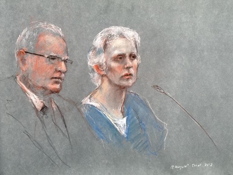 A sketch of Catherine Greig, right, during a hearing at federal courtroom in Boston on March 14. (Margaret Small)