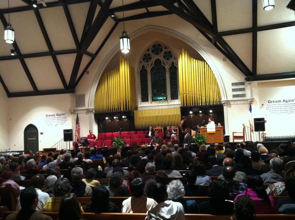 325 members of the Greater Boston Interfaith Organization rally at Roxbury Presbyterian on health care costs. (Martha Bebinger/WBUR)