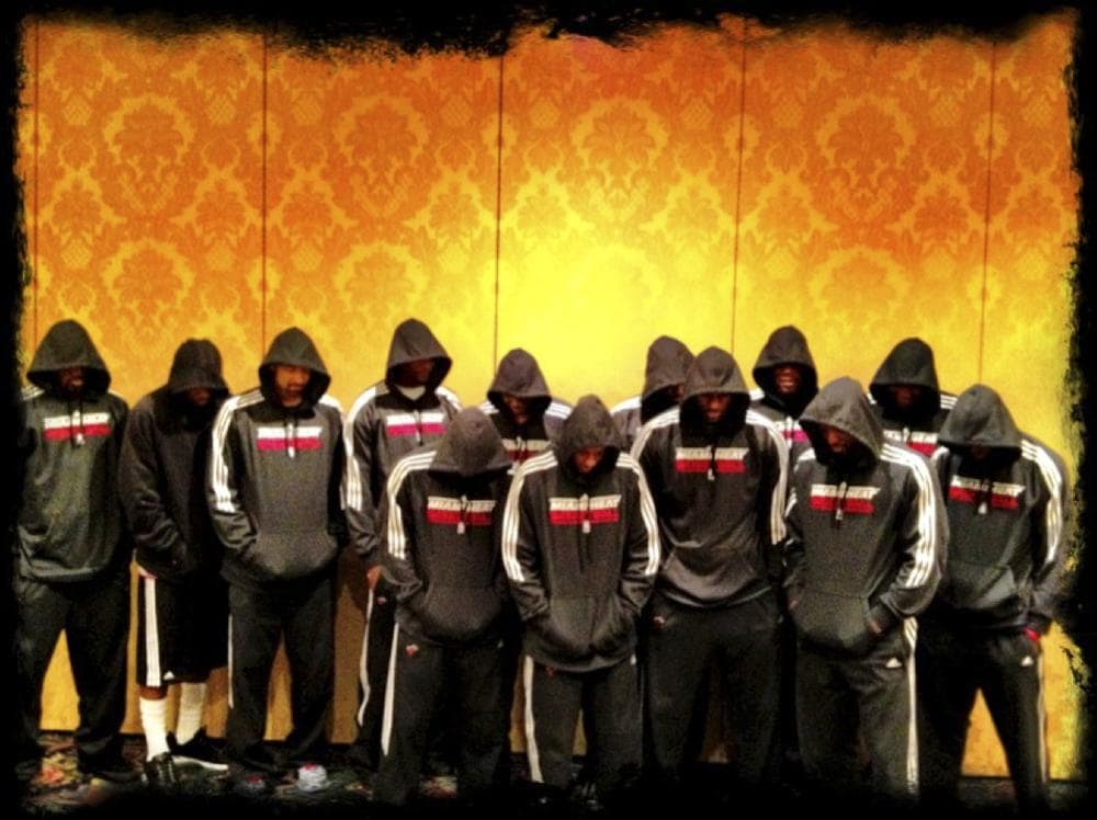 In this image posted to Miami Heat basketball player LeBron James' Twitter page, Miami Heat players wear team hoodies in response to the shooting of unarmed teenager Trayvon Martin, who was wearing a hoodie. (AP/LeBron James via Twitter)