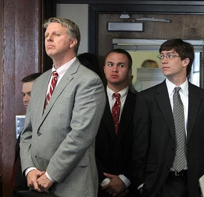 Former Treasurer Tim Cahill, left, appears for his arraignment on public corruption charges at Suffolk Superior Court in Boston Wednesday. (AP/Boston Herald/Pool)