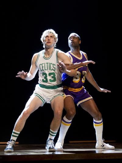 This publicity image shows Tug Coker, as Larry Bird, left, and Kevin Daniels, as Earvin "Magic" Johnson, in a scene from "Magic/Bird." (AP/Kirmser/Ponturo Group, LLC, Joan Marcus)