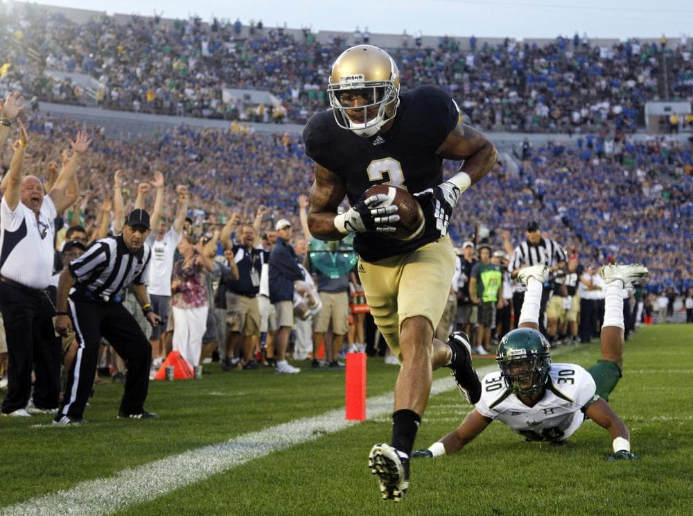 Notre Dame wide receiver Michael Floyd, who has had a few off-the-field discipline issues, is an example of the type of player that Hamilton College professor Stephen Wu says is under-valued in the NFL draft. (AP)