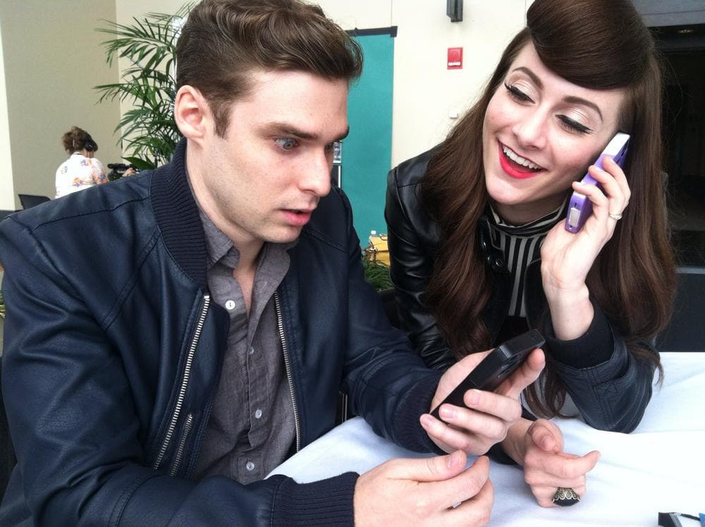 Nick Noonan and Amy Heidemann of the duo Karmin are in constant contact with their fans via D2F. "We actually like people," Nick said, and that helps in today's music industry. (Andrea Shea/WBUR)