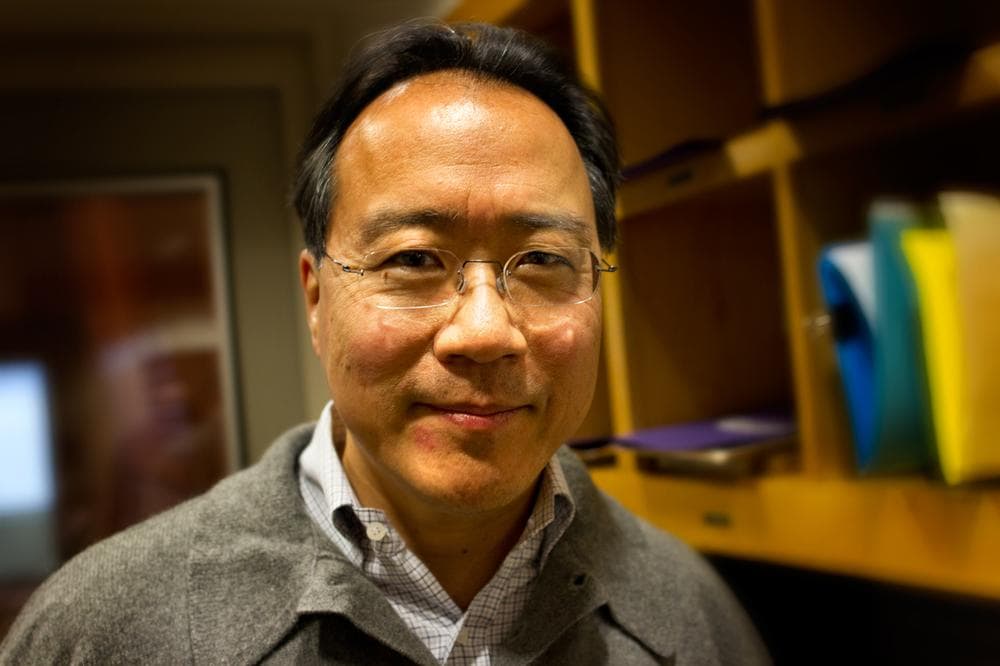 Cellist Yo-Yo Ma at Here &amp; Now's studios at WBUR in Boston. (Jesse Costa/Here &amp; Now)