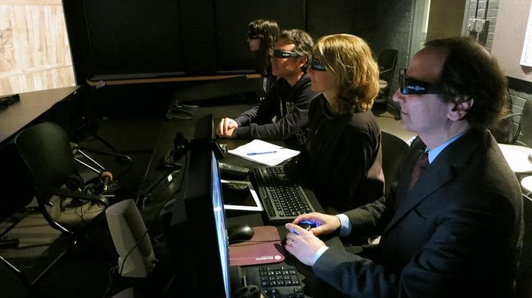 From right to left: Peter Der Manuelian, Harvard Egyptologist; Sacha Pfeiffer, WBUR; Mehdi Tayoubi, Dassault Systemes; Maggie Geoga, Harvard student, in the Harvard University Visualization Center, known as the 'cave.' (Lynn Jolicoeur/WBUR)