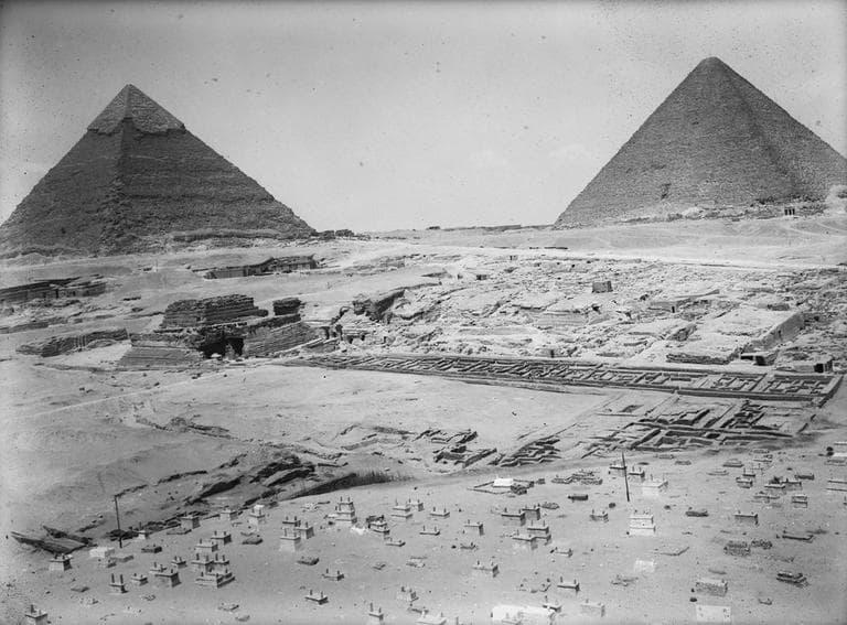 Service des Antiquites excavations: looking NW to Khufu and Khafre pyramids from limestone knoll S of Muslim cemetery. (Photo by Dahi Ahmed/MFA)