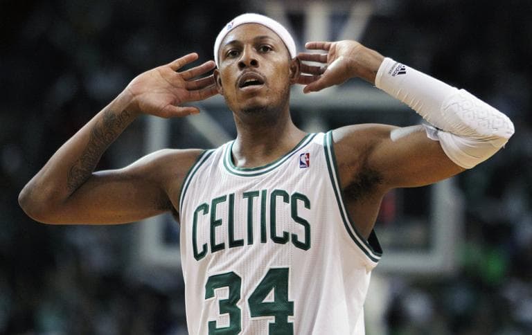Boston Celtics' Paul Pierce looks for a reaction from the crowd in the second quarter on Sunday. (AP)