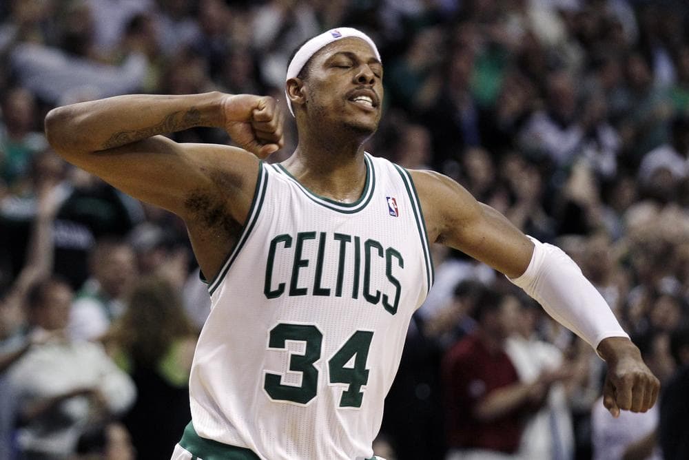 Paul Pierce pumps his fist during the final seconds of the second quarter. (AP)