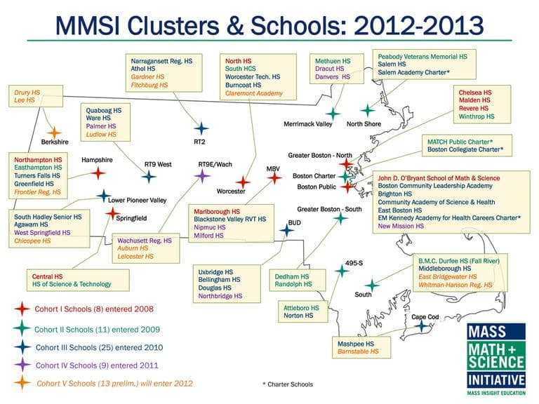 This graph shows which Massachusetts schools are taking part in the Mass. Math and Science Initiative and what year they entered the program. (Courtesy of MMSI)