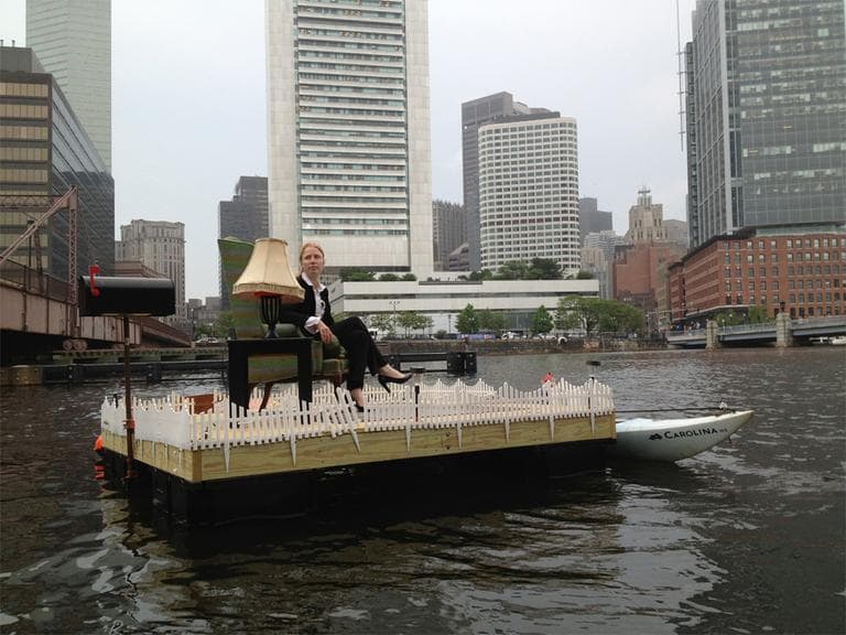 Through "The Remodeling Project," Artist Heidi Kayser has been exploring ideas of public versus private activities in daily life, from a dock on Fort Point Channel. (Adam Ragusea/WBUR)