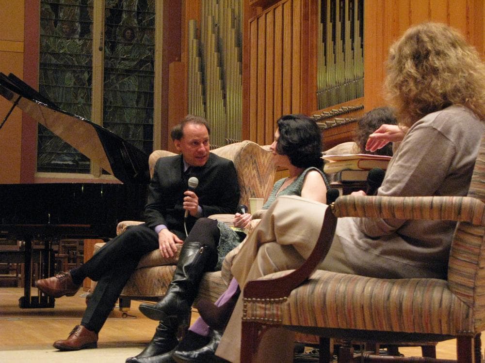 New York Writer Adam Gopnik (left), with author Allegra Goodman and Here &amp; Now's Robin Young in Cambridge, Mass. (Courtesy Lee Goodwin)