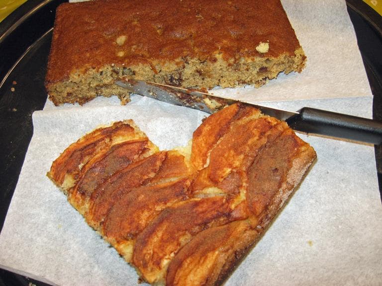 H&amp;N Producer Emiko Tamagawa made her mom's famous German Apple cake for us to sample at Here &amp; Now. Senior producer Kathleen McKenna whipped up her mom's Queen Anne date cake. (Lynn Menegon)