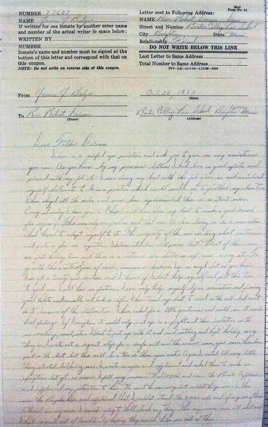 Click the image for a full transcription of Bulger's 1956 letter to then-Dean of Boston College Law School Father Robert Drinan. (Obtained by David Boeri)