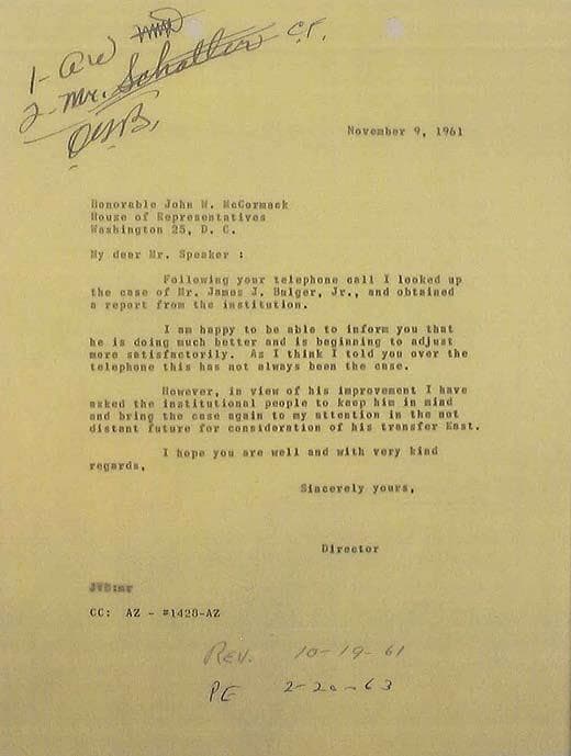 Click the image for a larger version of the Federal Bureau Of Prisons director's 1961 letter to John McCormack. (Courtesy of David Boeri)