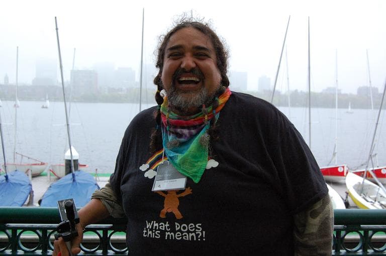 Paul "Bear" Vasquez, also known as Double Rainbow Guy on the banks of the Charles River. (Aayesha Siddiqui/WBUR)