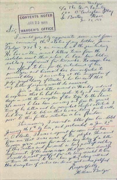 Click the image for a larger version of the 1959 letter Whitey’s brother, William, wrote to the warden of the Atlanta Federal Penitentiary. (Courtesy of David Boeri)