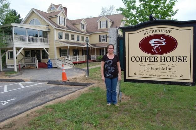 Pia Rogers at her coffee shop in Sturbridge. (Bob Oakes/WBUR)