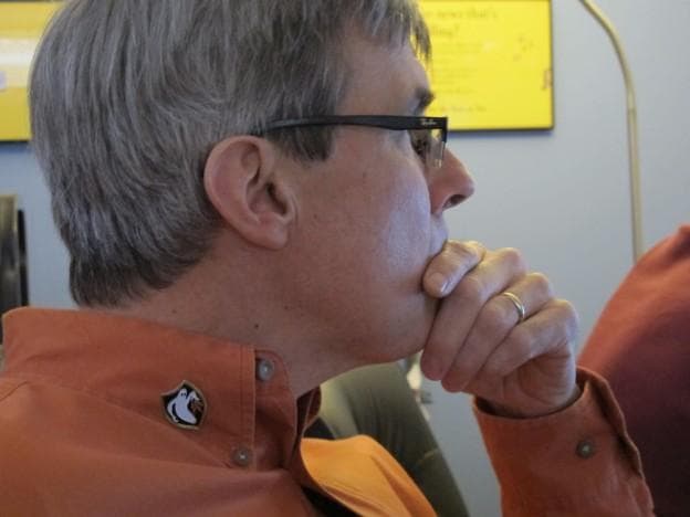 Filmmaker Rick Beyer proudly wears the Ghost Army's unofficial insignia. (Andrea Shea/WBUR)