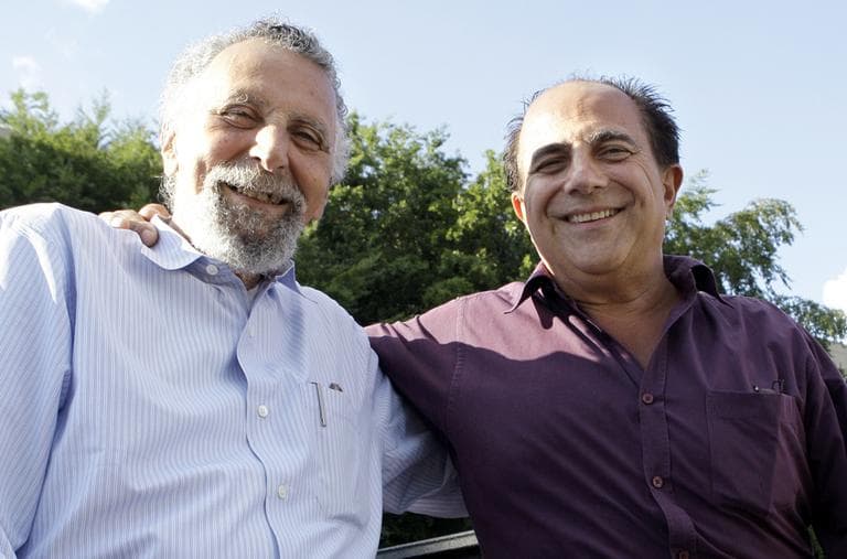 Brothers Tom Magliozzi, left, and Ray Magliozzi, hosts of National Public Radio's "Car Talk" show, pose together in Cambridge, Mass. (AP)