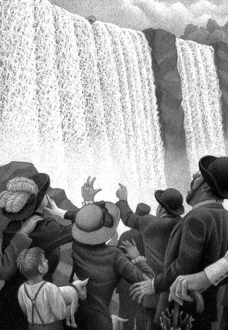 A crowd waits for Annie Edson Taylor to come down the falls in her barrel. (From "Queen of the Falls," published by Houghton Mifflin Harcourt Children's Book Group)