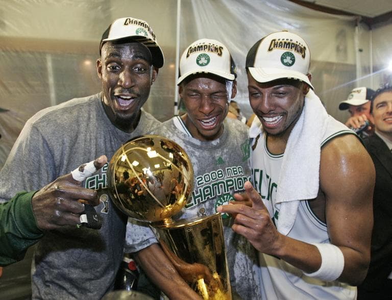 In this 2008 file photo, the Celtics' Kevin Garnett, left, Ray Allen, center, and Paul Pierce celebrate in the locker room after winning the NBA basketball championship, with a 131-92 win over the Los Angeles Lakers, in Boston. (AP)