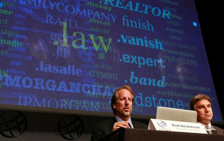 Internet Corporation for Assigned Names and Numbers (ICANN) President and CEO Rod Beckstrom, left, and Senior Vice President Kurt Pritz speak on the proposed generic top-level domain names during a press conference in London Wednesday. (AP)