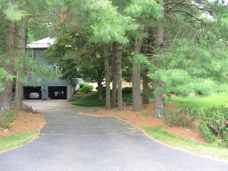 A home at Meadowview Road and Oak Hill Road in Wayland, where all trees along this driveway and many in the yard will be removed by NStar (Lynn Jolicoeur for WBUR)