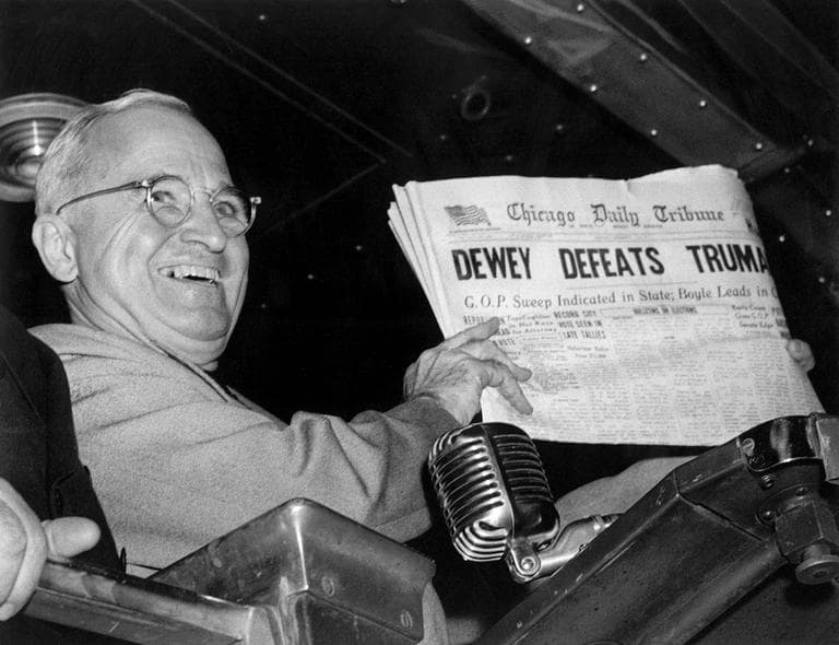 U.S. President Harry S Truman holds up an Election Day edition of the Chicago Daily Tribune, which, based on early results, mistakenly announced "Dewey Defeats Truman" on Nov. 4, 1948.