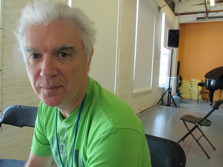 David Byrne, who created "Here Lies Love," in the rehearsal space at MASS MoCA (Andrea Shea/WBUR)