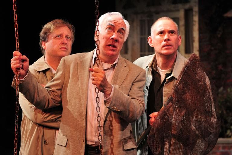 Steve Barkhimer (Norman), left,  Richard Snee (Reg), center, and  Barlow Adamson in Gloucester Stage Company's "Round and Round the Garden." (Courtesy Gloucester Stage Company/Gary Ng)