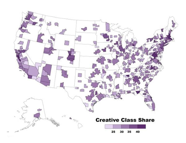 Creative Class share of the workforce is innovation, measured as patents per capita; high tech industry, using the Milken Institute's widely accepted Tech Pole Index. (Bureau of Labor Statistics)