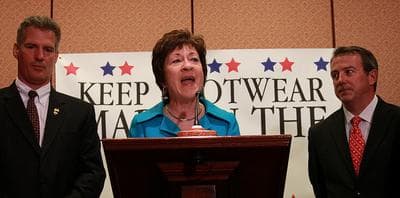 U.S. Sen. Scott Brown, left, attends a Capitol Hill press conference promoting "keeping jobs in the USA" on July 18. (Lingjing Bao, Talk Radio News/Flickr)