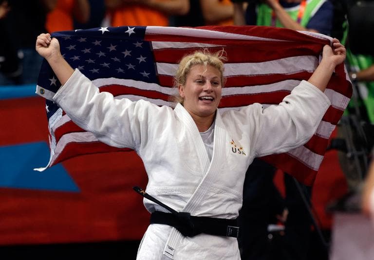 Wakefield's Kayla Harrison celebrates after beating Gemma Gibbons, of Great Britain, for the gold medal during the women's 78-kg judo competition at the 2012 Summer Olympics Thursday. (AP)