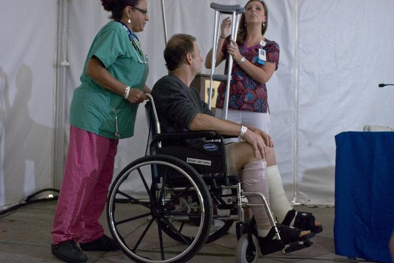 Christopher Meyers was released from Mass. General Hospital Friday after being bitten by what experts think was a great white shark earlier this week. (Josh Berlinger for WBUR)