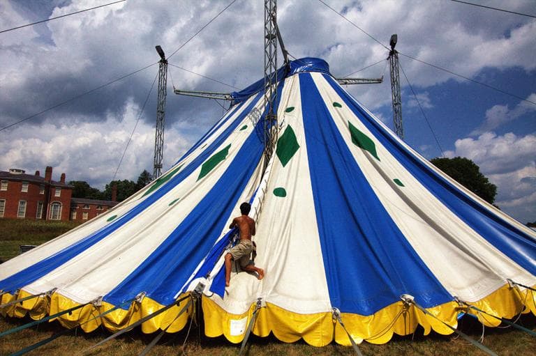 Marecki on the Circus Smirkus big top in Revere. (Courtesy Harry Powers)