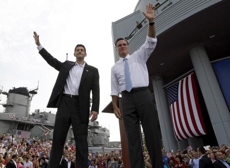 Republican presidential candidate Mitt Romney, right, and his vice presidential pick, Wisconsin Rep. Paul Ryan, in Norfolk, Va., Saturday (AP)