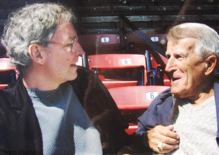 Late Red Sox legend Johnny Pesky, right, and WBUR's Bill Littlefield, during one of their many interviews (Only A Game File Photo)