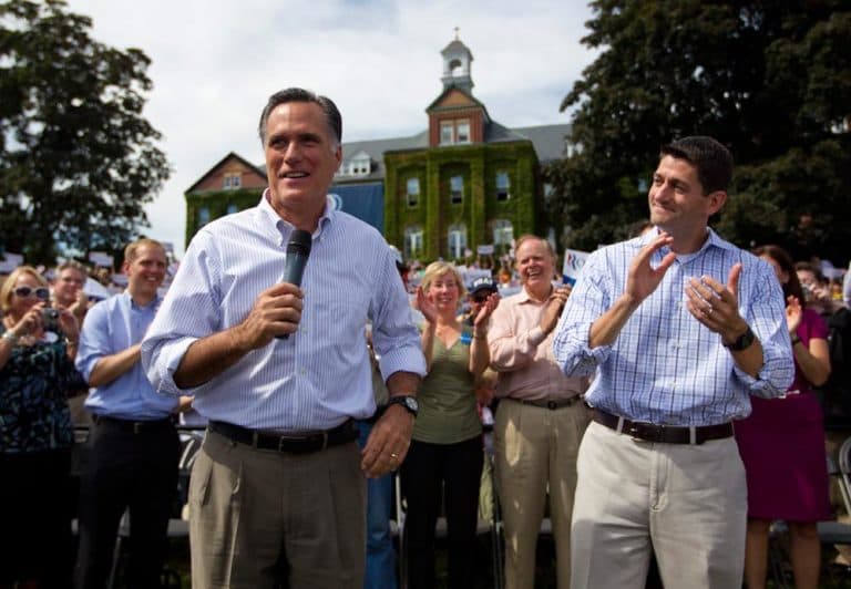 Presumptive Republican presidential nominee Mitt Romney, left, and his vice presidential candidate, Rep. Paul Ryan, appear at a campaign rally Monday in Manchester N.H. (AP) 