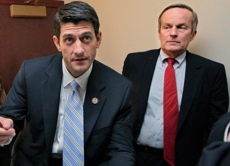 In this April 5, 2011, file photo, Rep. Paul Ryan, left, and Rep. Todd Akin talk before a news conference on Ryan's budget agenda on Capitol Hill. (AP)