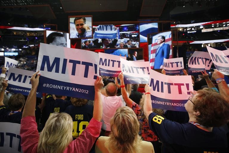 Delegates cheer as Mitt Romney is nominated for the Office of the President of the United States at the Republican National Convention in Tampa, Fla., on Tuesday, Aug. 28, 2012. (AP)