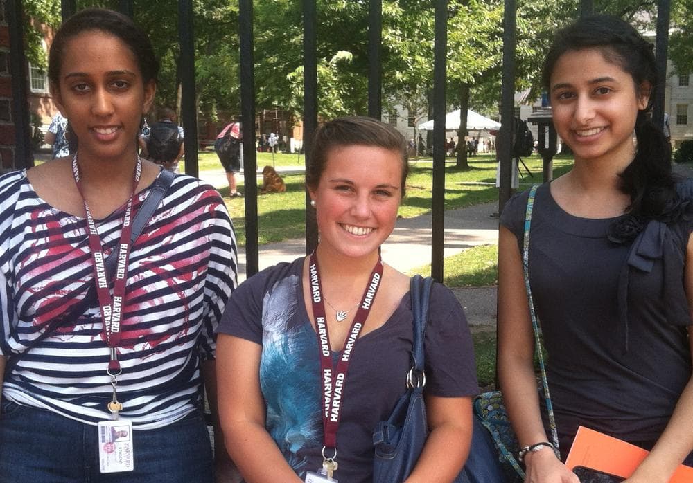 Incoming freshmen Lana Idris, Megan Monteleone and Bianca Mulaney are beginning their academic career at Harvard under the cloud of a cheating scandal. (Curt Nickisch/WBUR)