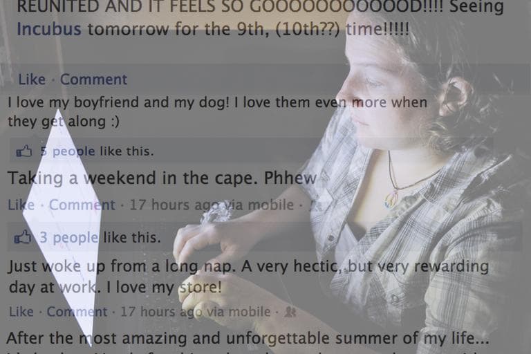 Catherine Devine, 22, reads instant messages on her laptop screen at her home in Kings Park, N.Y., Monday, Sept. 26, 2011. (AP) Composite with Facebook comments. (Dean Russell/WBUR)