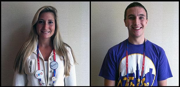 Caroline Shinkle, 19, and Evan Kenney, 18, the youngest Massachusetts delegates (Lisa Tobin/WBUR)