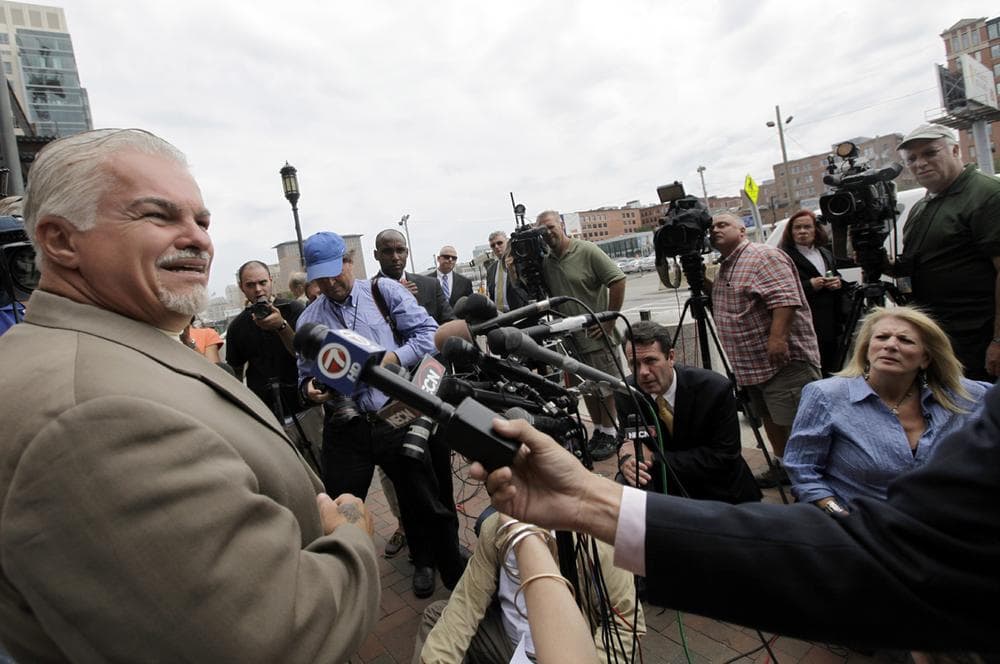 Victims' family member, Steve Davis speaks to media outside federal court in Boston Tuesday, June 12, 2012, after Catherine Greig, who spent 16 years on the run with former Boston mobster James "Whitey" Bulger, was sentenced to eight years in prison for helping to hide one of the FBI's Ten Most Wanted Fugitives. (AP Photo)